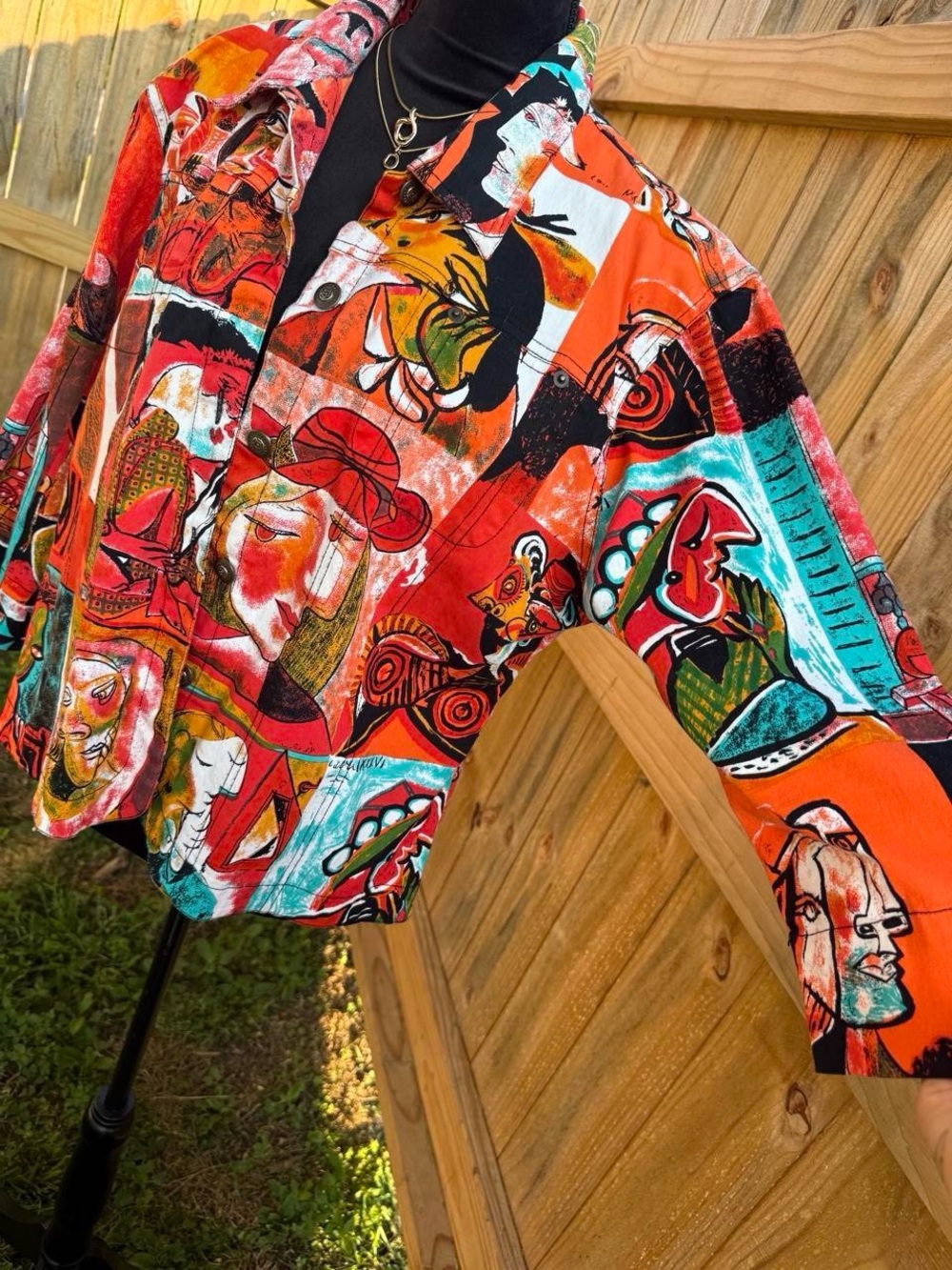 Abstract Multi-Color Button-Down Shirt - Women's Orange Multi VINTAGE - Picture 3 of 6